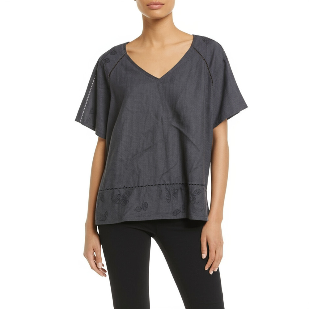 Nino Wong Top Womens Size‎ XL Black Linen Embroidered V-Neck Boho Chic Casual